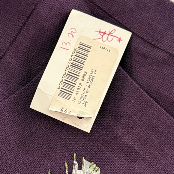 8 MacKenzie-Childs Eggplant Purple Line Napkin with Peacock Embroidery NWT $350 - Picture 4 of 5